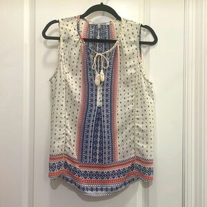 Collective Concepts‎ Boho Sleeveless Top with Tassel Tie Blue Red Print